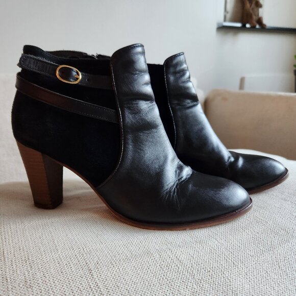 🇫🇷 Sezane-inspired Black Leather & Suede Heeled Ankle Boots - US 10 - Picture 1 of 10
